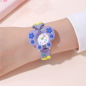 Cute purple silicone butterfly watch for girls with cartoon charms and quartz dial