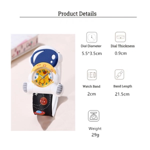 Close-up of astronaut themed kids watch with blue white 3D dial and printed strap