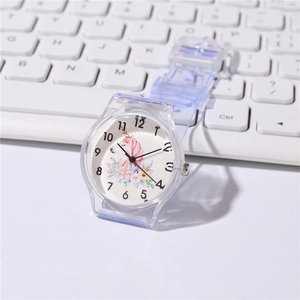 Kids quartz watch with transparent strap and colorful unicorn pattern on white dial