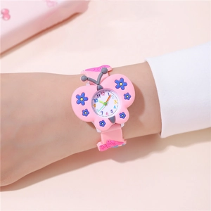Pink cartoon butterfly quartz watch with floral silicone strap for girls and students