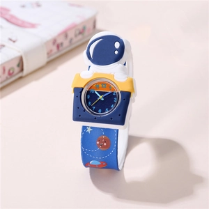 Cartoon astronaut quartz watch for kids with blue silicone strap and space planet patterns