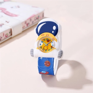 Detail of astronaut snap watch showing silicone strap with colorful space planets