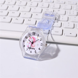 Kids Cartoon Unicorn Quartz Watch With Transparent Plastic Strap And Alloy Case Analog Student Wristwatch For Girls