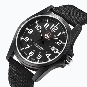 Close-up of SOKI military quartz watch with black nylon strap and 200M waterproof dial