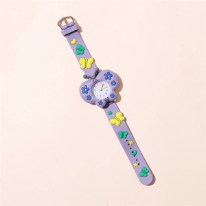 Detailed view of purple silicone watch strap with 3D butterflies and floral patterns