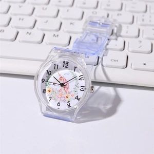 Kids quartz watch featuring colorful unicorn dial and clear transparent resin strap