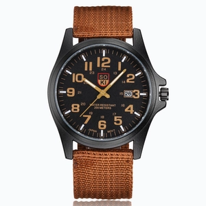 Men's military sport watch with black dial, orange numerals and brown canvas strap