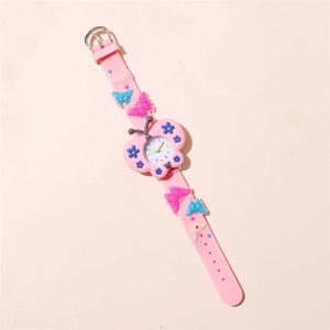 Pink butterfly quartz watch with soft 3D silicone strap for girls and students