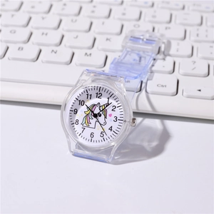 Kids quartz watch with transparent plastic strap and cute cartoon unicorn dial design