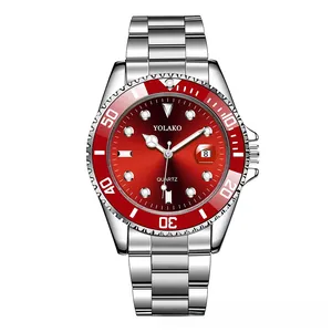 Macro shot of a men's quartz watch with deep red dial and silver stainless steel strap