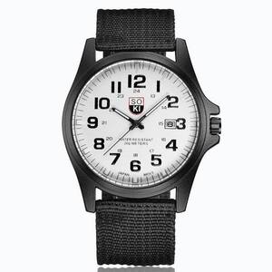 Detailed view of SOKI military sports watch face with white dial and black nylon strap