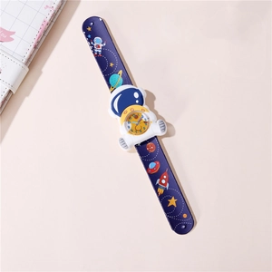 Cartoon astronaut slap watch for kids with dark blue silicone strap and space patterns