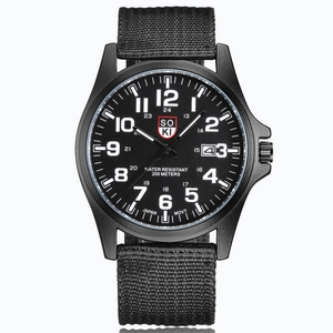 Close-up of military quartz watch with nylon strap, 200m water resistance and date window