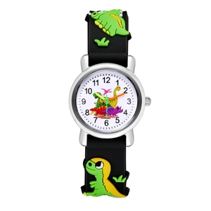 Montre à quartz pour enfants avec motifs de dinosaures et bracelet en silicone arc-en-ciel