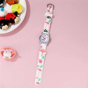 Close-up of kids quartz watch featuring pink flamingo charms and rainbow silicone strap