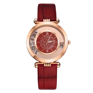 Women's quartz watch with reddish-brown bamboo strap and rose gold rhinestone dial