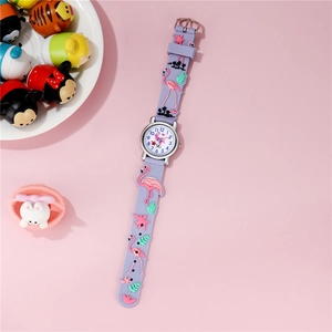 Detailed view of pink flamingo child watch with purple silicone strap and palm tree motif