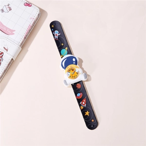 Kids astronaut themed snap watch with black rubber strap and colorful space illustrations