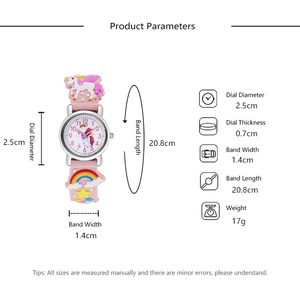 Kids unicorn quartz watch size details with dial diameter 2.5cm and pink strap specs
