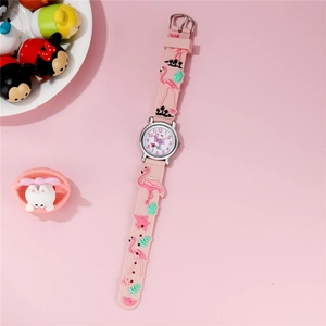 Detailed view of pink silicone strap with 3D embossed flamingos and palm tree motifs