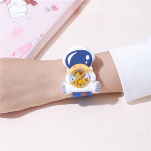 Kids astronaut quartz watch with blue printed strap and 3D silicone space character case
