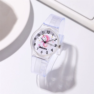 Detailed close-up of unicorn dial and transparent strap on children quartz watch