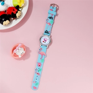 Detailed view of children quartz watch with flamingo silicone strap and rainbow colors