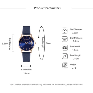 Detailed size chart for women's quartz watch featuring starry sky dial and mesh strap