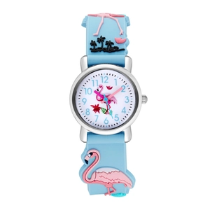 Detailed close-up of a kids watch with a 3D flamingo silicone strap and rainbow dial