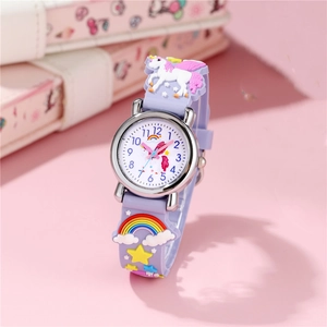 Kids purple unicorn watch with rainbow 3D silicone strap and colorful dial