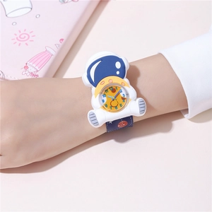 Detail of cartoon astronaut slap watch for kids featuring a yellow dial and blue strap