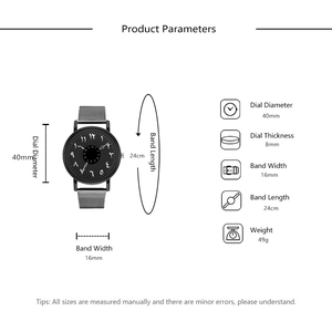 Detailed specs for minimalist black watch with mesh band and Arabic numeral dial