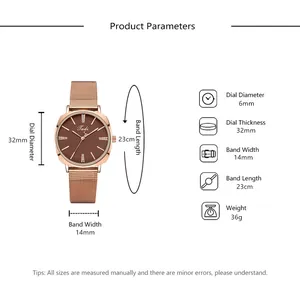Detailed size chart for women's rose gold mesh watch showing dial and band dimensions