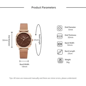 Detailed size specifications for women's rose gold mesh strap quartz watch and dial dimensions