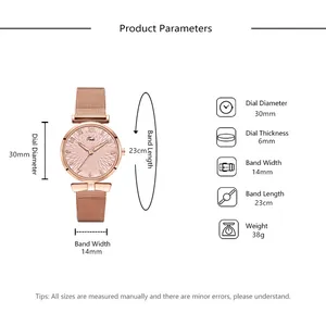 Size chart for rose gold mesh strap watch with 30mm dial and detailed measurements