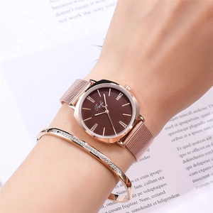 Women's rose gold mesh strap quartz watch with crystal bracelet and brown dial set