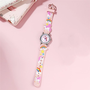 Pink unicorn quartz watch for girls with 3D rainbow silicone strap and Arabic numerals