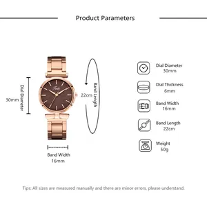 Detailed size specifications for women's quartz watch with mesh strap and leaf dial