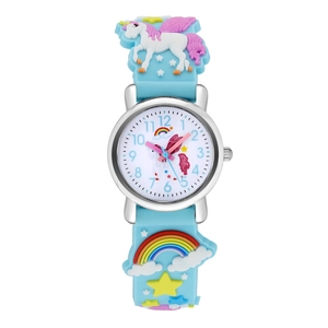 Detailed view of kids quartz watch featuring a 3D unicorn and rainbow silicone strap