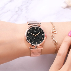 Women's rose gold mesh watch set with black dial and matching Love charm bracelet