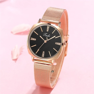 Women Fashion Quartz Watch Alloy Mesh Band Rhinestone Dial Rose Gold Elegant Wristwatch