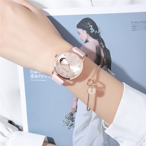 Pink leather watch with star-moon dial and rose gold letter A pendant bracelet set