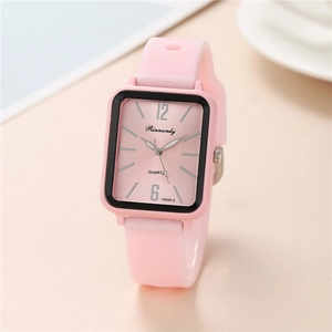 Pink rectangular quartz sport watch with silicone strap and striped dial for women