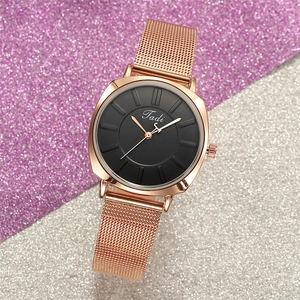 Women's rose gold mesh strap quartz watch with minimalist black square dial