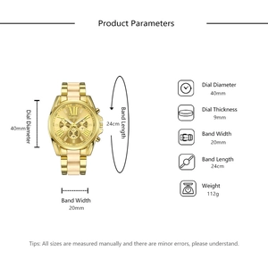 Detailed spec sheet showing 40mm Geneva watch dimensions and gold stainless steel band size