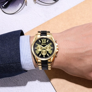 Geneva men's quartz watch with gold and black steel strap and large Roman numeral dial