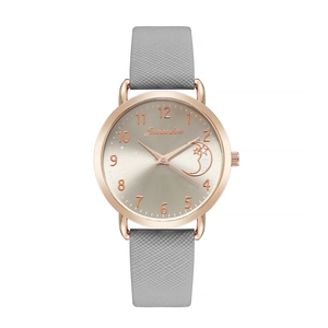 Minimalist quartz ladies watch with rose gold case, celestial dial, and grey leather strap