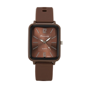 Close-up of rectangular brown quartz watch dial with sunray texture and silicone strap