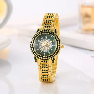 Elegant gold metal women's watch with emerald green rhinestones and arabic numerals