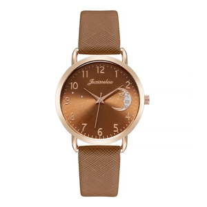 Women's quartz watch with brown leather strap and rose gold celestial starry dial